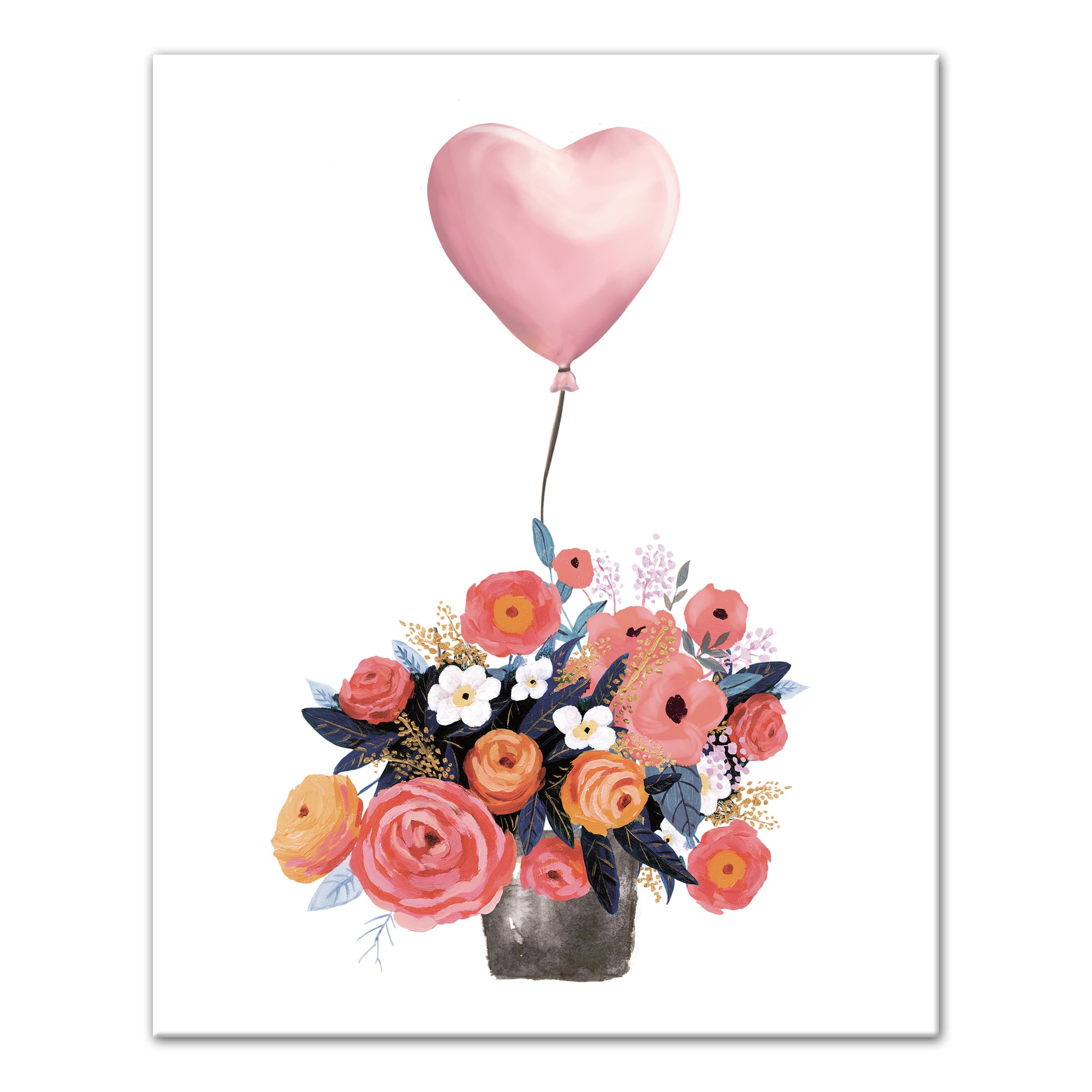 Bouquet of Flowers with Heart Balloon Canvas Wall Art